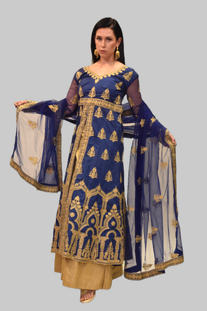 Embroidered Silk Yale Blue Split Top With Tuscan Gold Skirt Anarkali Split Lehenga