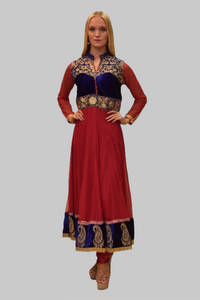 Silk Georgette Ruby Pink With Velvet Navy Blue Yoke Embroidered Anarkali / Gown