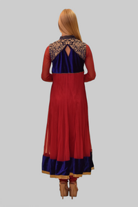 Silk Georgette Ruby Pink With Velvet Navy Blue Yoke Embroidered Anarkali / Gown