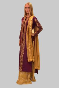 Embroidered Silk Grape Purple With Gold Skirt Anarkali Split Lehenga