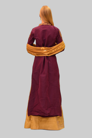 Embroidered Silk Grape Purple With Gold Skirt Anarkali Split Lehenga