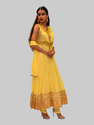Silk Georgette Daffodil Yellow Embroidered Anarkali / Gown