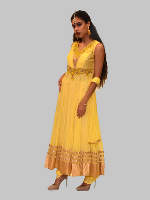 Silk Georgette Daffodil Yellow Embroidered Anarkali / Gown