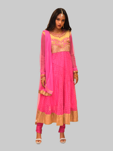 Georgette Net French Rose Pink Embroidered Anarkali / Gown