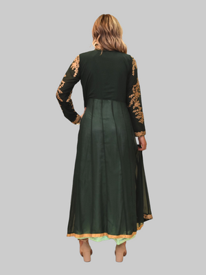 Silk Tea Green With Detachable Embroidered Pine Green Jacket Gown