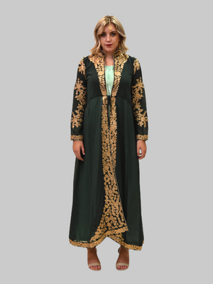 Silk Tea Green With Detachable Embroidered Pine Green Jacket Gown