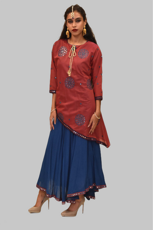 Silk Persian Red And Yale Blue Mirror Work Gown