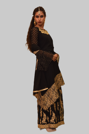 Embroidered Silk Coal Black Asymmetric Top With Embroidered Skirt Anarkali Split Lehenga