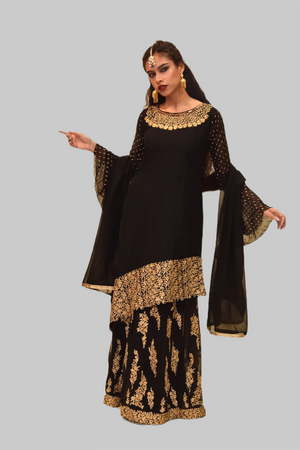 Embroidered Silk Coal Black Asymmetric Top With Embroidered Skirt Anarkali Split Lehenga