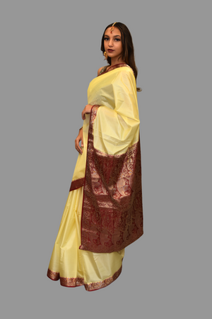 Silk Beige Gold Saree With Contrast Maroon Border