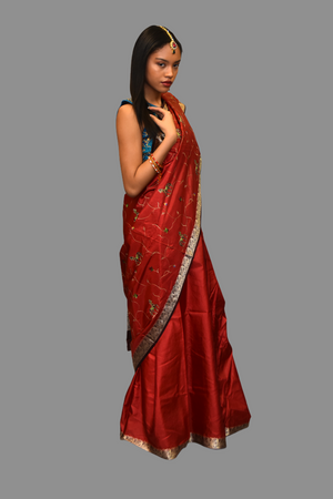 Silk Embroidered Ruby Red With Contrast Chocolate Brown Border Saree