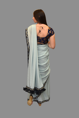 Light Sky Blue Georgette Chiffon  With Contrast Navy Blue Border Saree