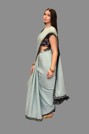 Light Sky Blue Georgette Chiffon  With Contrast Navy Blue Border Saree
