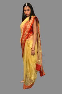Silk Net Gold Embroidered With Contrast Red Border Saree