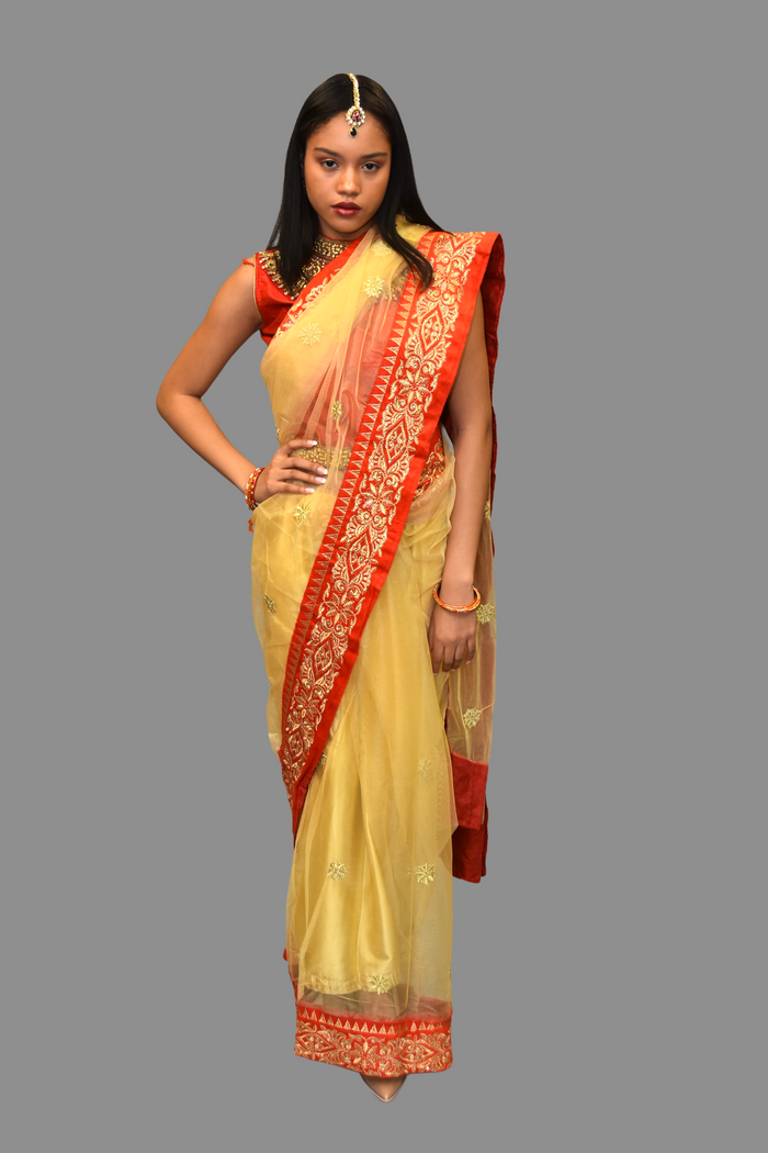 Silk Net Gold Embroidered With Contrast Red Border Saree