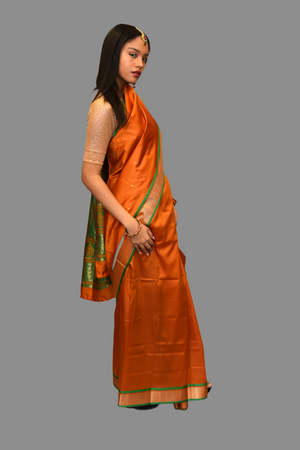 Silk Mustard Orange Saree With Contrast Green Pallu