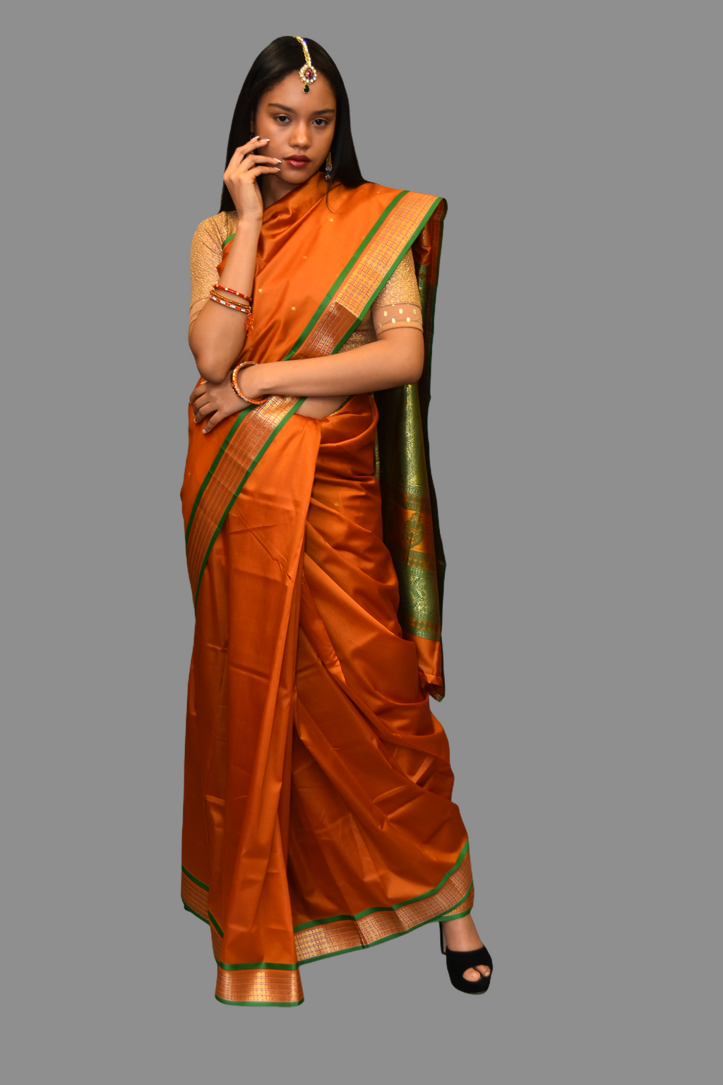 Silk Mustard Orange Saree With Contrast Green Pallu