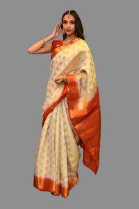 Silk Printed Off White With Contrast Red Border Saree