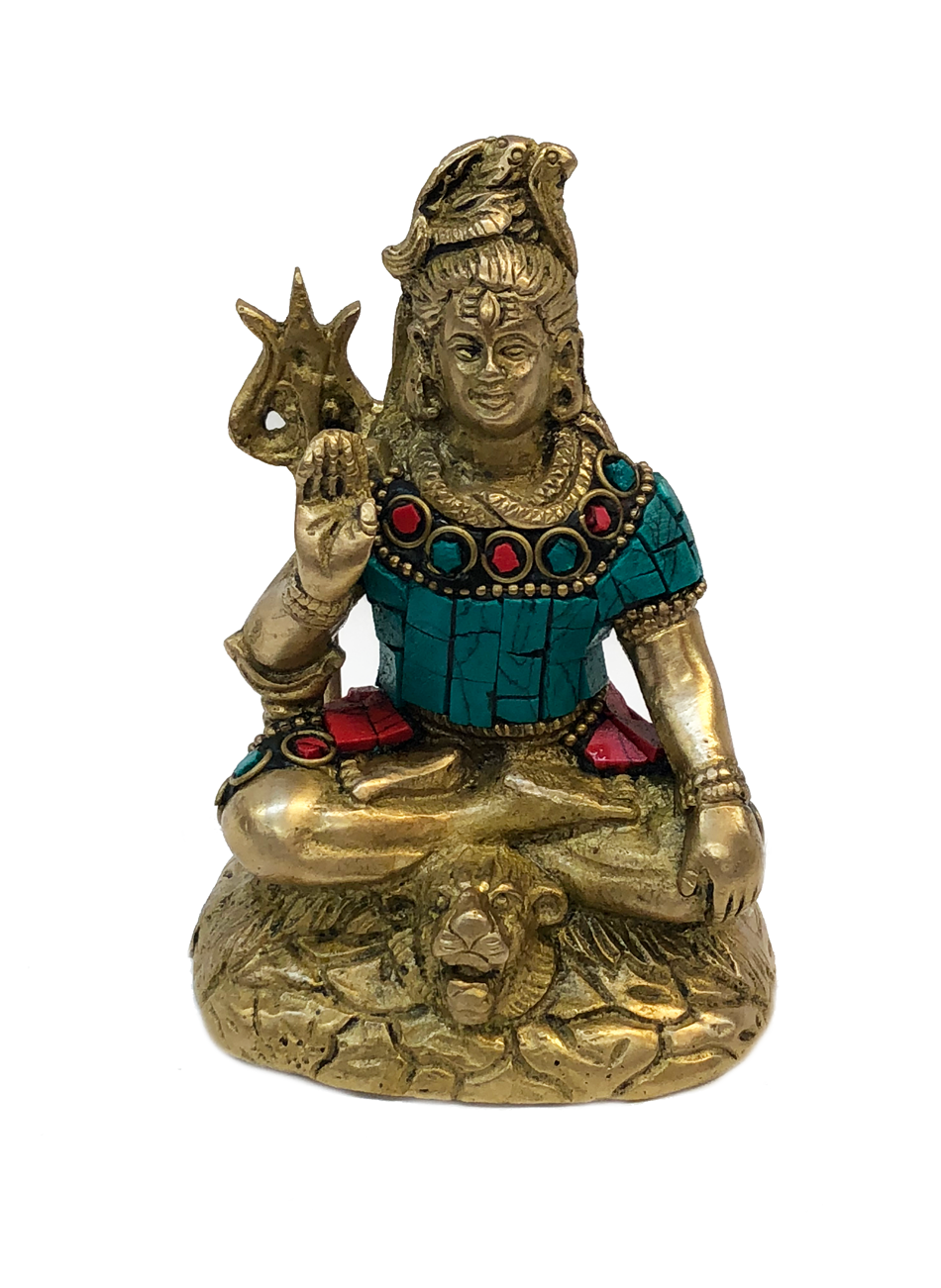 Brass Shiva Turquoise and Coral Mosaic Idol
