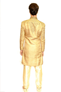 Silk Brocade Cream Yellow Gold Embroidered Sherwani/ Bandhgala Heritage India Fashions