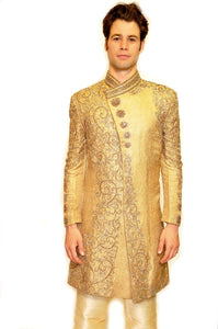 Silk Brocade Cream Yellow Gold Embroidered Sherwani/ Bandhgala Heritage India Fashions