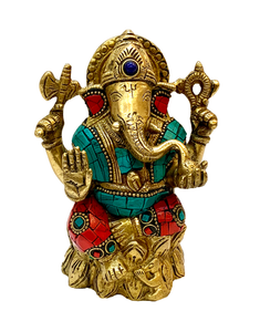 Brass Ganesha Turquoise And Coral Statue