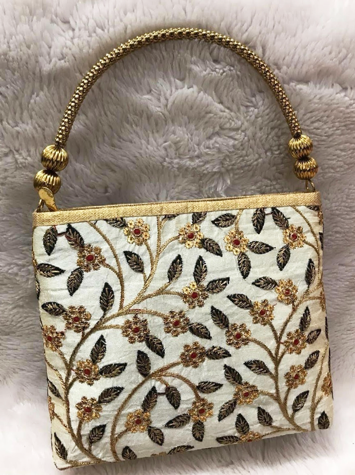 Silk Embroidered Floral Black and Ivory Purse