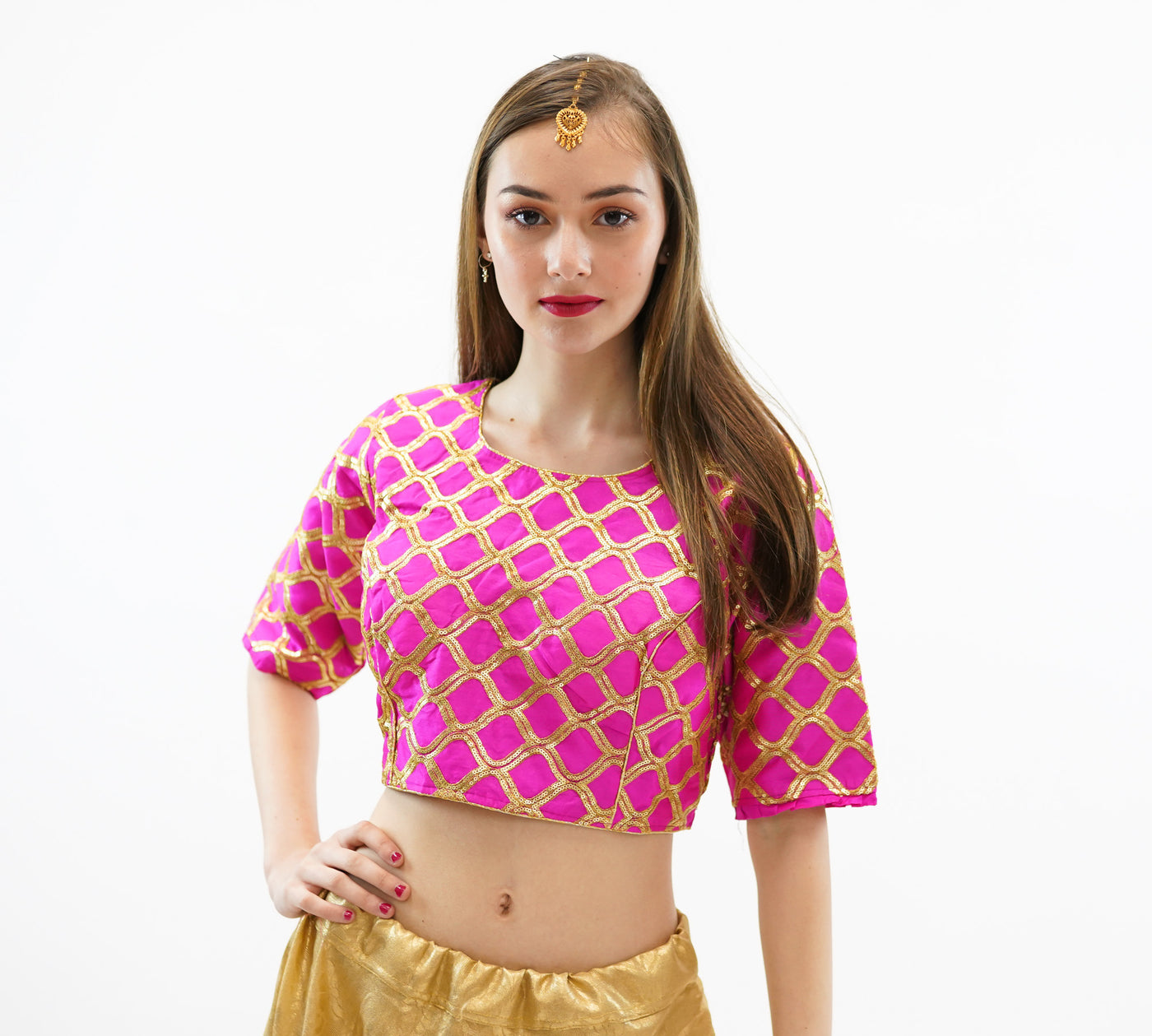 Formal Silk Magenta Pink Crop Top with Three Quarter Sleeves – Heritage  India Fashions