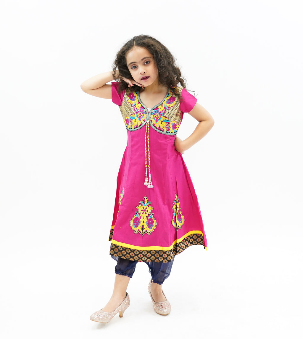 Cotton Dark Punch Pink  Embroidered Girl's Salwar Suit