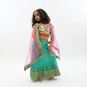 Silk and Net Embroidered Jungle Green And Sunny Pink Children Lehenga