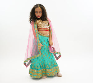Silk and Net Embroidered Jungle Green And Sunny Pink Children Lehenga